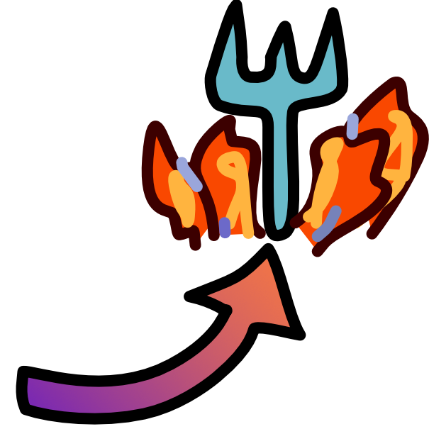  a curved arrow grading from purple to orange points to a blue pitchfork surrounded by flames. 